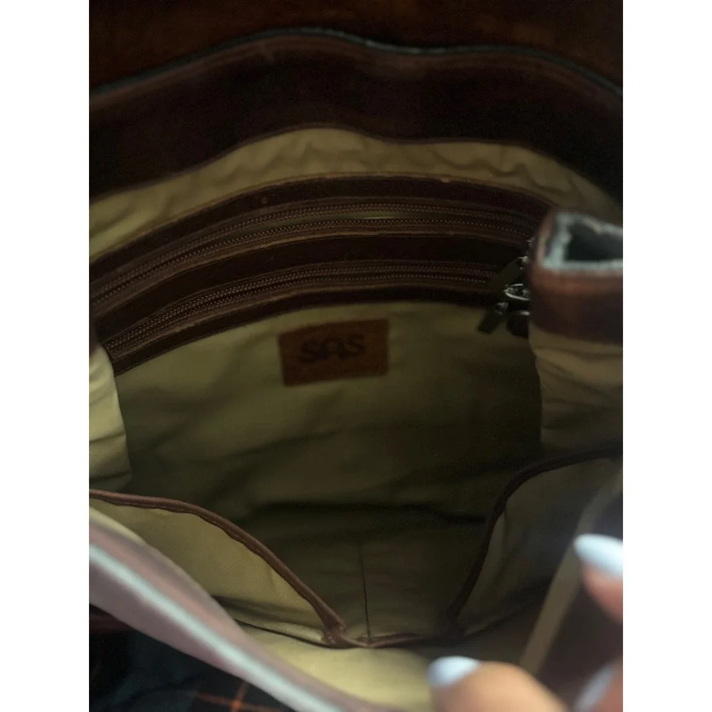 SAS‎ Portrait Collection Backpack Grey Canvas Brown Leather Flap Buckle Mens Bag